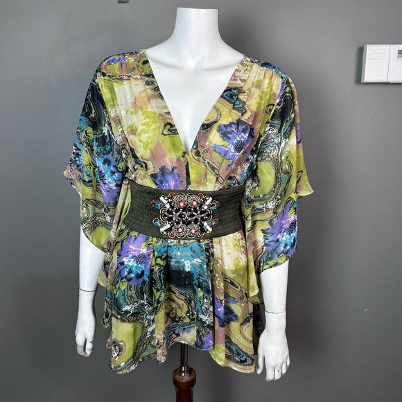 Meghan Los Angeles top size 10 blouson beads cinch waist y2k slimming colorful - Picture 1 of 10